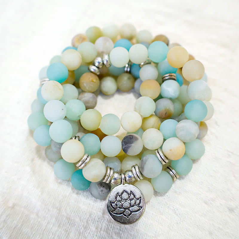 Buddha Stones Tibetan Amazonite Stone Blessing Lotus Mala Mala Bracelet BS 3