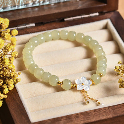 Buddha Stones 925 Sterling Silver Natural Hetian Jade Luck Flower Bracelet Bracelet BS 1