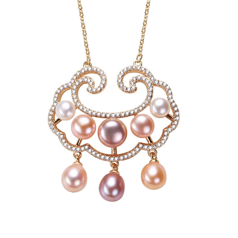 Buddha Stones 18K Gold Plated Natural Pearl Chinese Lock Charm Sincerity Necklace Pendant Necklaces & Pendants BS 5