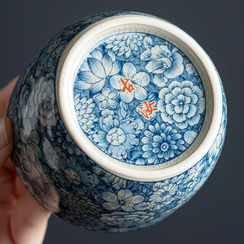 Buddha Stones Blue Lotus Peach Blossom Chrysanthemum Design Ceramic Teacup Kung Fu Tea Cups Cup BS 11