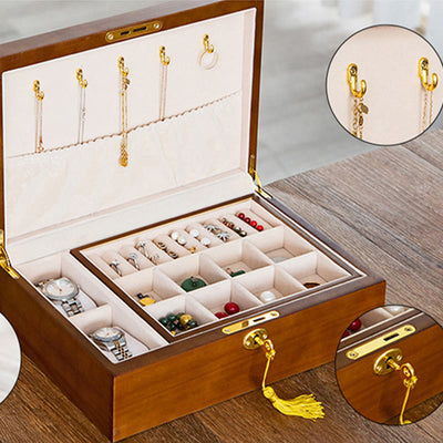 Buddha Stones Vintage Wooden Jewelry Box Two-Layer Solid Wood Jewelry Storage Box Jewelry Box BS 13