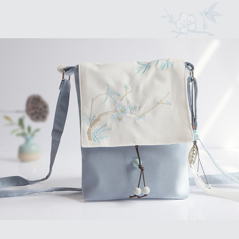 Buddha Stones Handmade Embroidered Plum Flowers Canvas Crossbody Bag Shoulder Bag Handbag Crossbody Bag BS Light Blue Plum Bamboo 20*23cm