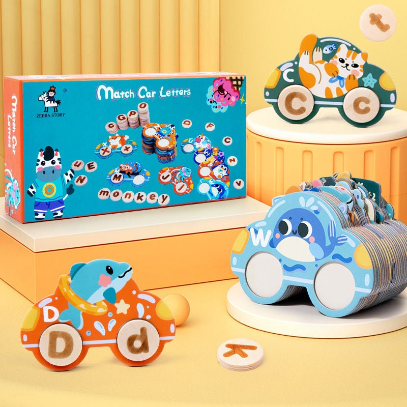 Fidtoy Wooden Animal Letters Car Cognitive Matching Card for Kids | Alphabet Spelling Car Game, Animal Recognition, Letter Learning, Word Matching, Fine Motor & Parent-Child Toy Age 3+