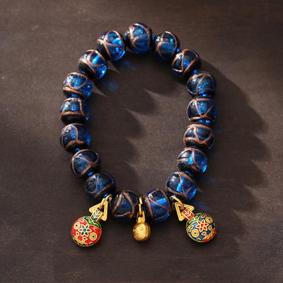 Buddha Stones Gold Swallowing Beast Luck Charm Blue Liuli Glass Bead Fortune Bracelet Bracelet BS 12mm(Wrist Circumference 14-16cm)
