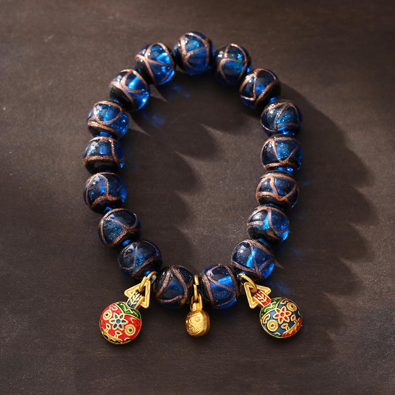 Buddha Stones Gold Swallowing Beast Luck Charm Blue Liuli Glass Bead Fortune Bracelet Bracelet BS 12mm(Wrist Circumference 14-16cm)