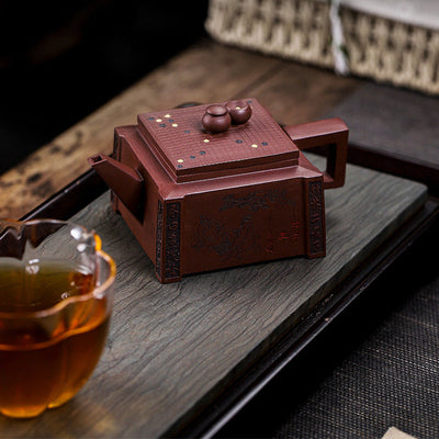 Buddha Stones Yixing All Handmade Gomoku Playing Chess Purple Clay Kung Fu Square Teapot 280ml Teapot BS 26