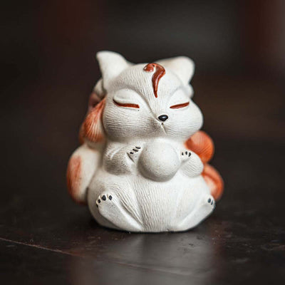 Buddha Stones Mini Nine-Tailed Fox Purple Clay Luck Desk Decoration Decorations BS 4