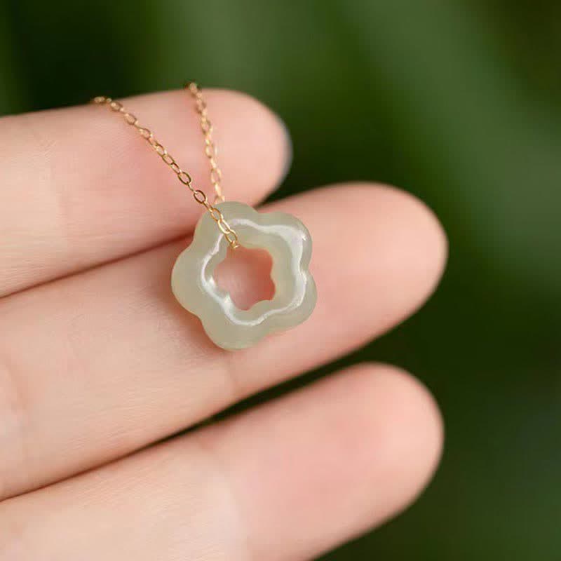 Buddha Stones Dainty Hetian Jade Cyan Jade Luck Floral Charm Necklace Pendant Necklaces & Pendants BS 6