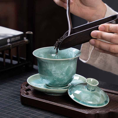 Buddha Stones Traditional Glaze Ceramic Gaiwan Sancai Teacup Kung Fu Tea Cup And Saucer With Lid 180ml Cup BS 8