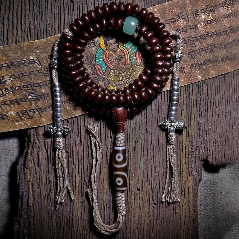 Buddha Stones Natural Tibet 108 Mala Beads Purple Bodhi Seed Three-eyed Dzi Bead Copper Dorje Harmony Bracelet Mala Bracelet BS 1
