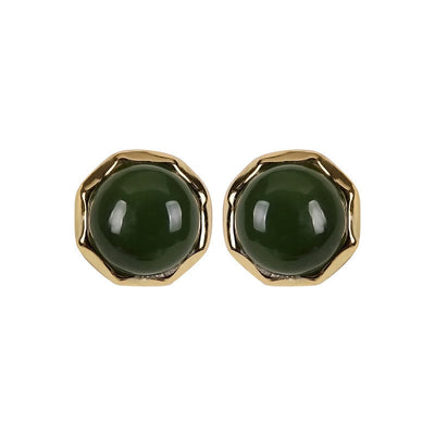 Buddha Stones 925 Sterling Silver Plated Gold Natural Hetian Cyan Jade Bead Luck Stud Earrings Earrings BS 8
