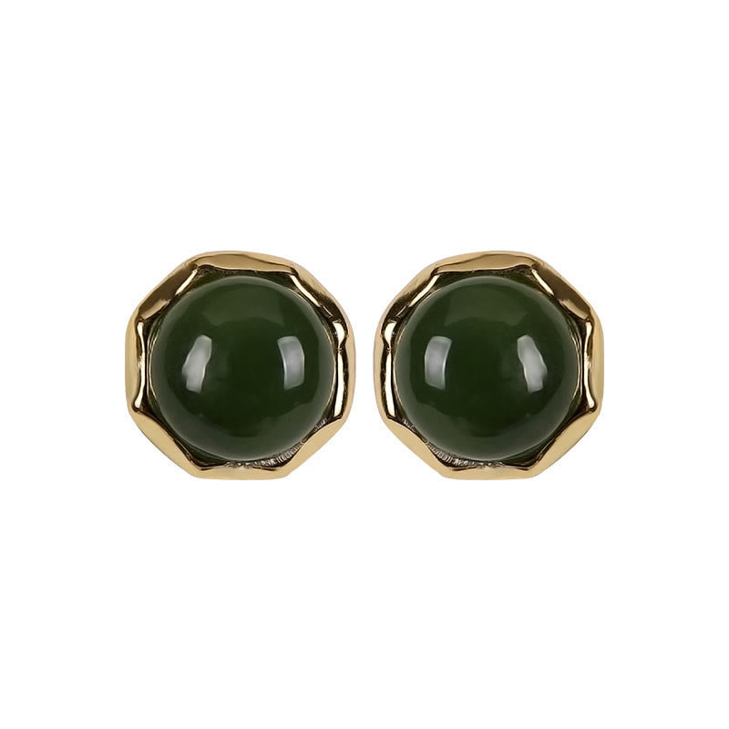 Buddha Stones 925 Sterling Silver Plated Gold Natural Hetian Cyan Jade Bead Luck Stud Earrings Earrings BS 8