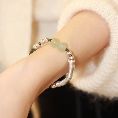 Buddha Stones 925 Sterling Silver Natural Jade Fu Character Bamboo Abundance Bracelet Bracelet BS 8