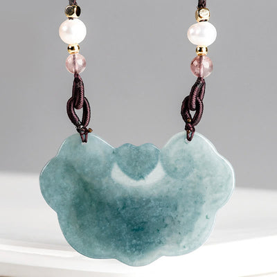 Buddha Stones Natural Jade Peony Flower Lock of Good Wishes Prosperity Necklace Pendant Necklaces & Pendants BS 4