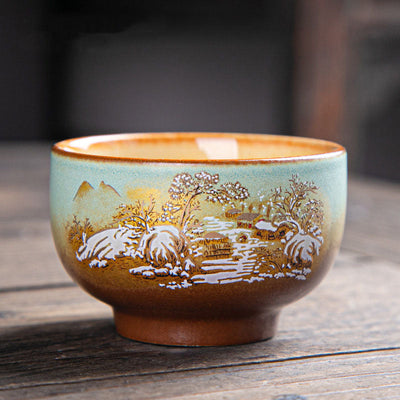 Buddha Stones Colorful Deer Pipa Snow Plum Blossoms Mountains Rivers Bird Ceramic Teacup Kung Fu Tea Cup Bowl Cup BS 7cm*4.5cm*100ml Snow Plum Blossoms