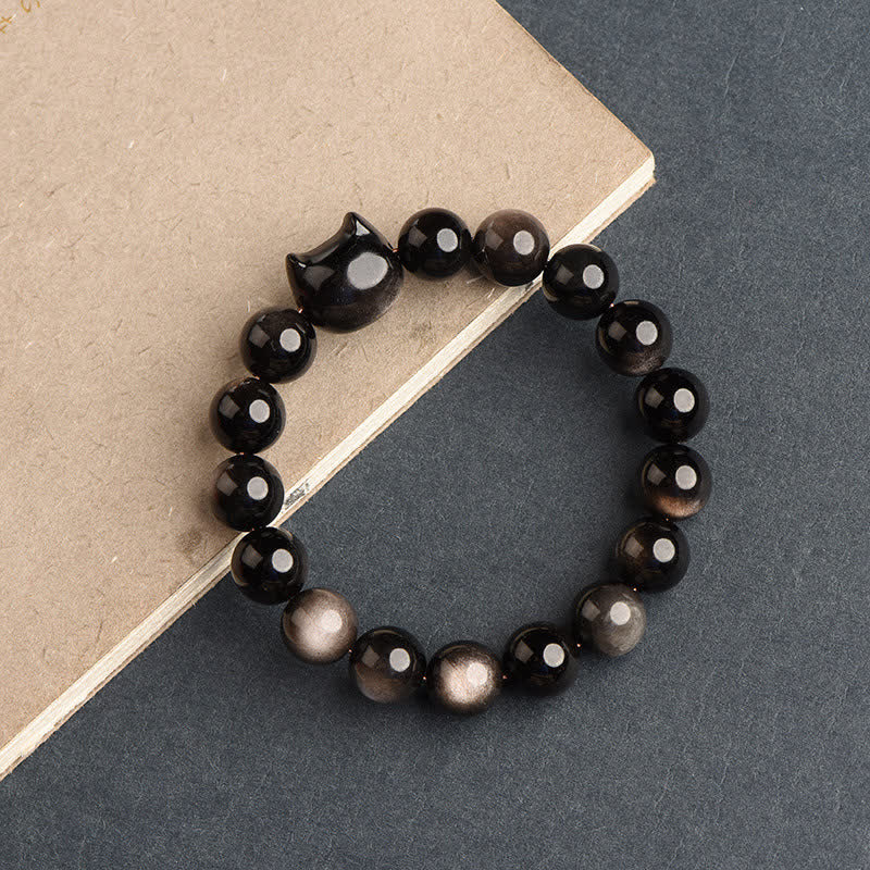 Foviel Gold Sheen Obsidian Silver Sheen Obsidian Lovely Paw Lucky Cat Protection Bracelet
