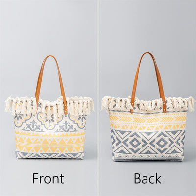 Buddha Stones Large Capacity Boho Geometry Print Tassel Canvas Tote Shoulder Bag Shoulder Bag BS Yellow Beige Geometry 50*10*32cm