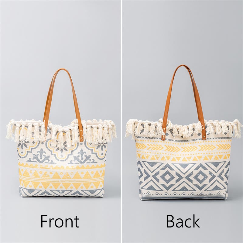 Buddha Stones Large Capacity Boho Geometry Print Tassel Canvas Tote Shoulder Bag Shoulder Bag BS Yellow Beige Geometry 50*10*32cm