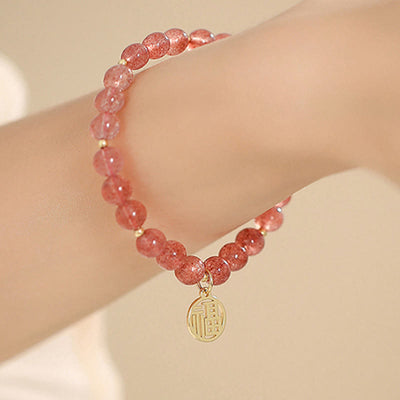 Buddha Stones 14K Gold Plated Strawberry Quartz Fu Character Healing Charm Bracelet