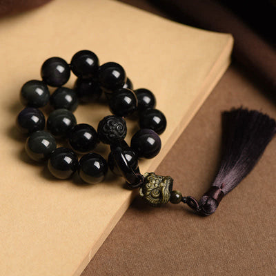 Buddha Stones Natural Black Obsidian Lion Wrist Mala Protection Tassels Pocket Mala Car Decoration Wrist Mala&Decorations BS 3