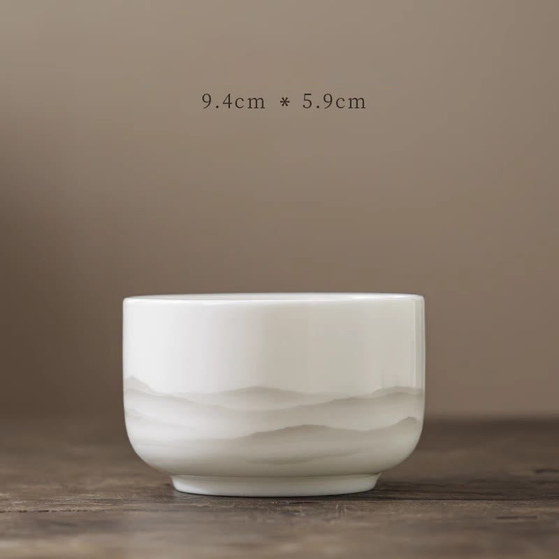 Buddha Stones Vintage Ink Painting Mountain White Porcelain Ceramic Gaiwan Sancai Teacup Kung Fu Tea Cup And Saucer With Lid Tea Utensil Teapot Cup BS Cup 9.4cm*5.9cm*275ml