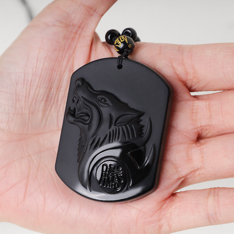 Collier pendentif loup en obsidienne noire Foviel pour la purification