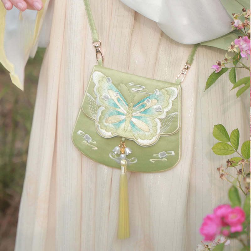 Buddha Stones Luck Embroidery Lotus Koi Fish Rabbit Flower Hanfu Bag Crossbody Bag Shoulder Bag Bag BS Green Butterfly