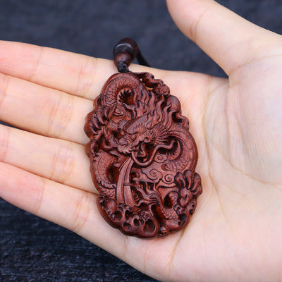 Buddha Stones Lightning Struck Jujube Wood Double Dragon Relief Ward Off Evil Spirits Necklace Pendant 11