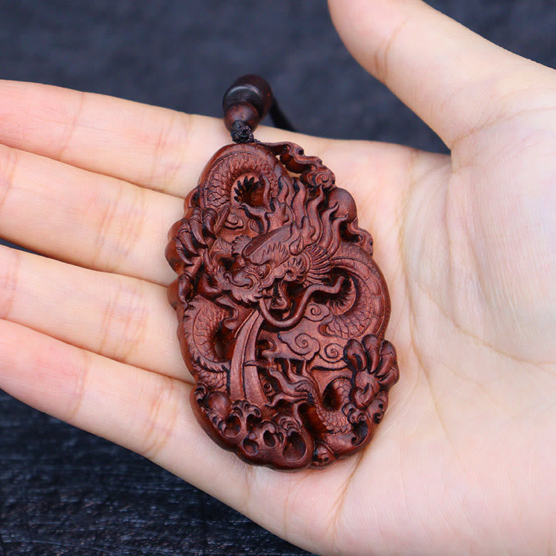 Buddha Stones Lightning Struck Jujube Wood Double Dragon Relief Ward Off Evil Spirits Necklace Pendant 11