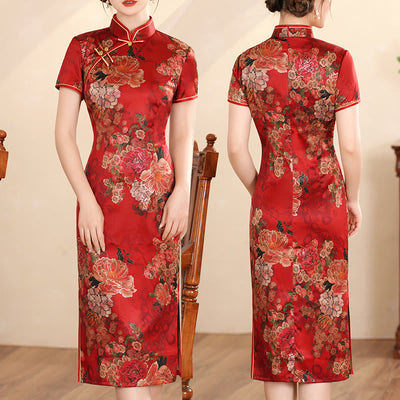 Buddha Stones Retro Flower Lotus Peony Feather Print Qipao Dress Women's Cheongsam Dress - Red Peony - US16，UK/AU20，EU48 (5XL) - image 16