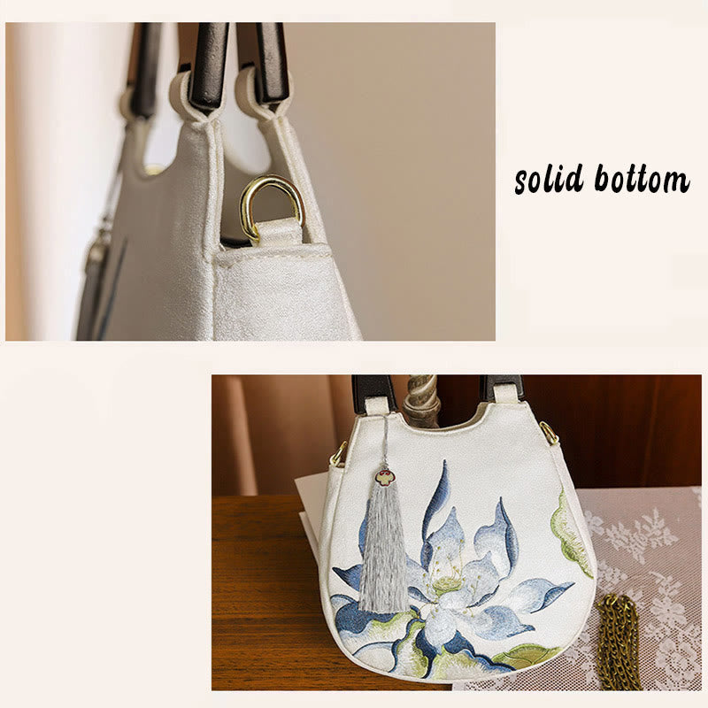 Buddha Stones Lotus Embroidery Handbag Crossbody Bag Crossbody Bag&Handbags BS 5