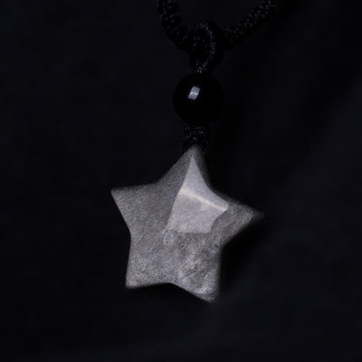 Buddha Stones Natural Silver Sheen Obsidian Star Crescent Moon Protection Necklace Pendant Necklaces & Pendants BS 4
