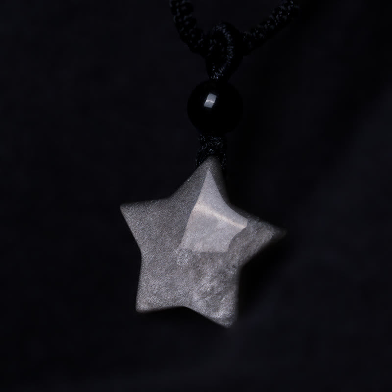 Buddha Stones Natural Silver Sheen Obsidian Star Crescent Moon Protection Necklace Pendant Necklaces & Pendants BS 4