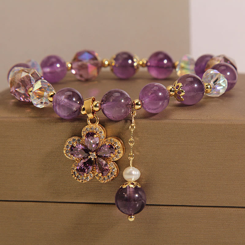 Natural Amethyst Pearl Flower Charm Positive Transformation Bracelet Bracelet BS 5