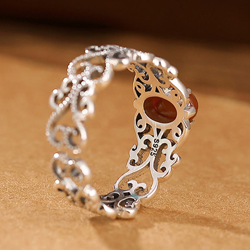 Buddha Stones 925 Sterling Silver Vintage Red Agate Self-acceptance Calm Ring Ring BS 4