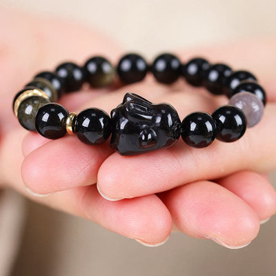 Buddha Stones Gold Sheen Obsidian Black Obsidian Silver Sheen Obsidian Cute Rabbit Protection Bracelet Bracelet BS 8