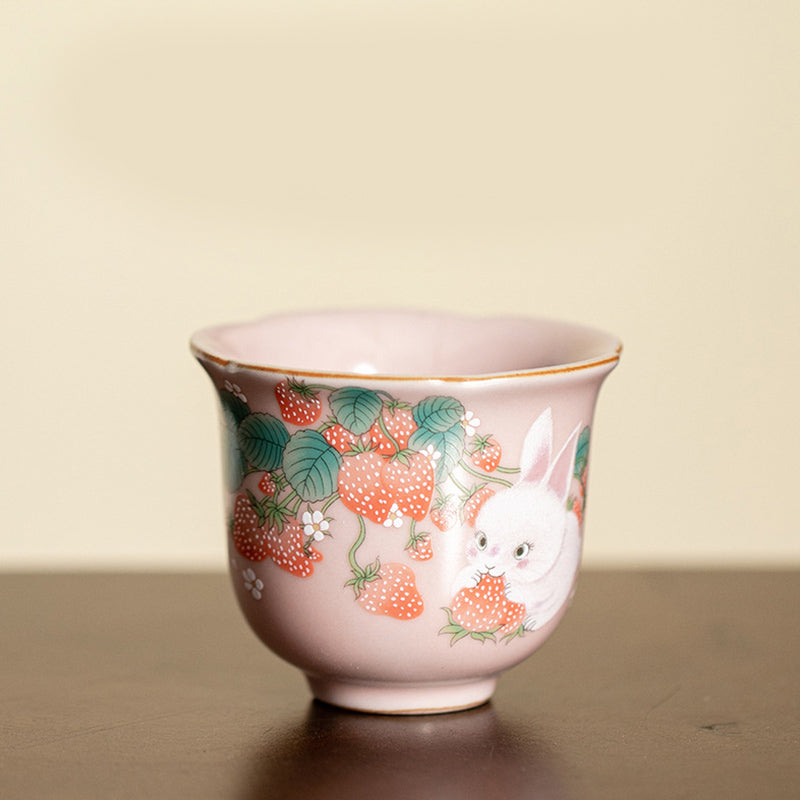 Buddha Stones Cute Strawberry Rabbit Flower Ceramic Teacup Kung Fu Tea Cup 55ml Cup BS Strawberry Rabbit 5.3cm*5cm*55ml