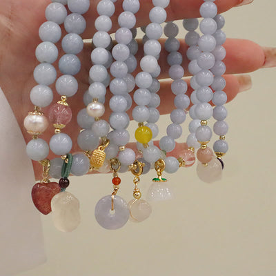 Buddha Stones Natural Aquamarine Chalcedony Serenity Rabbit Gourd Cat Charm Bracelet Bracelet BS 12