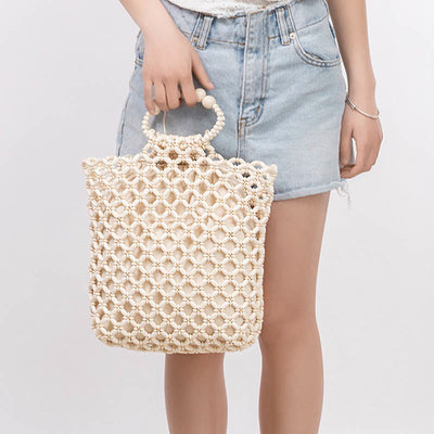 Buddha Stones Hand-woven Fishing Line Braiding Mesh Hollow Wooden Beads Handbag Handbags BS 10
