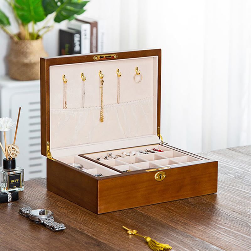 Buddha Stones Vintage Wooden Jewelry Box Two-Layer Solid Wood Jewelry Storage Box Jewelry Box BS 7