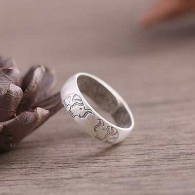 Foviel 999 Sterling Silver Lotus Elephant Six True Words Blessing Ring
