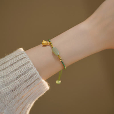 Buddha Stones Lotus Jade Peace Buckle Bead Luck Happiness Charm String Bracelet Bracelet BS Lotus Jade Bead