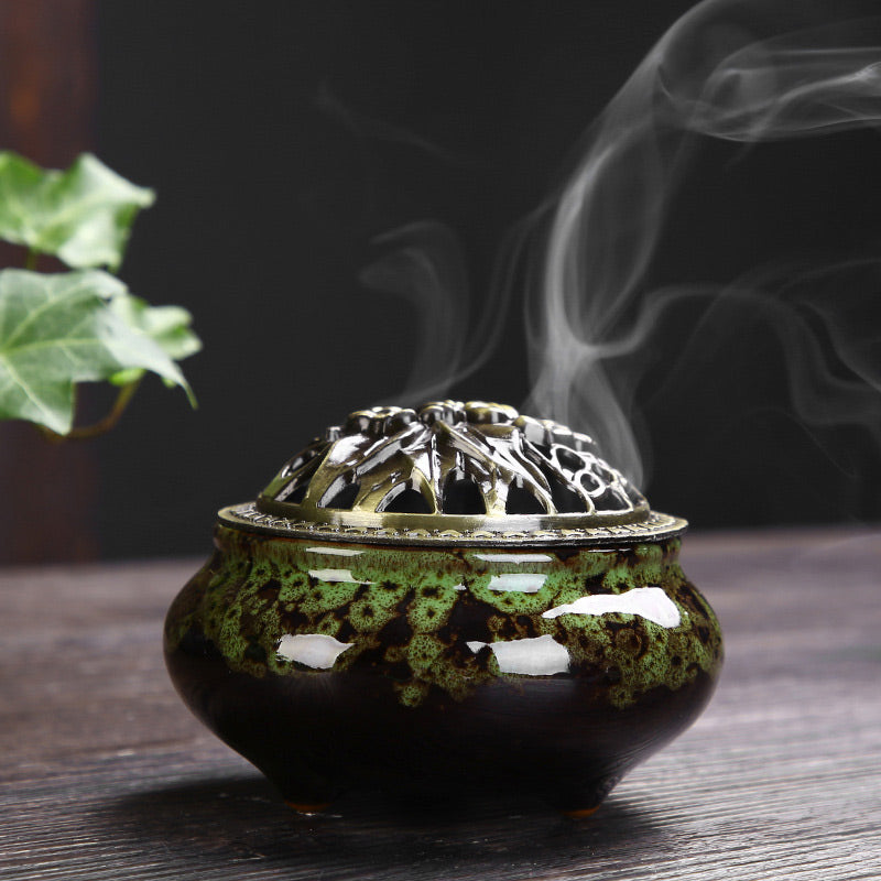 Buddha Stones Flower Pattern Ceramic Blessing Meditation Incense Burner Decoration Decorations Incense Burner BS Green