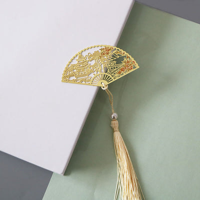 Buddha Stones Traditional Butterfly Lotus Flower Crane Dragon Phoenix Fox Koi Fish New Beginning Metal Brass Hollow Fan Bookmarks Bookmarks BS Building Apricot Blossom
