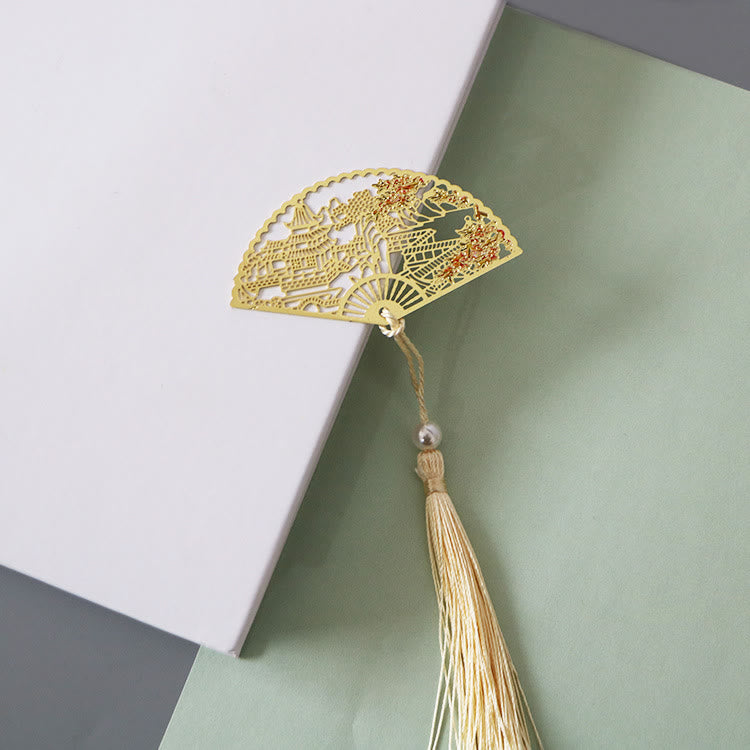 Buddha Stones Traditional Butterfly Lotus Flower Crane Dragon Phoenix Fox Koi Fish New Beginning Metal Brass Hollow Fan Bookmarks Bookmarks BS Building Apricot Blossom