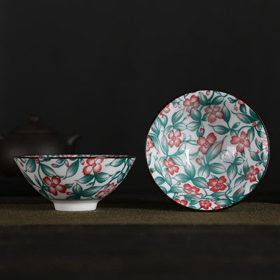 Buddha Stones Flowers Fu Character Mountains Lotus Cherry Blossoms Ceramic Teacup Kung Fu Tea Cup Cup BS Red Flowers Green Leaves 8.5cm*4cm*90ml