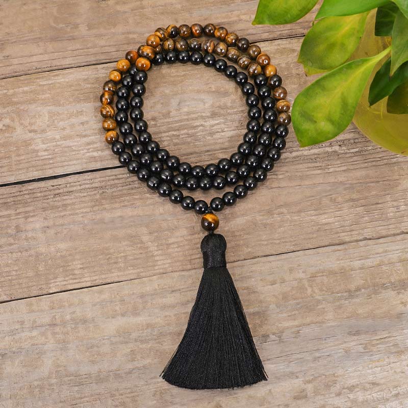 Ensemble de collier Mala de protection Foviel en onyx noir tibétain et œil de tigre
