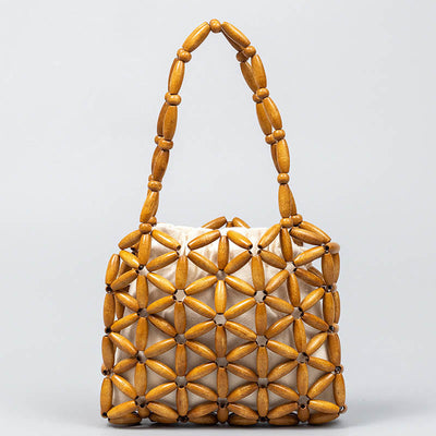 Buddha Stones Hand-woven Mini Wooden Beads Handbag Handbags BS Khaki 16*3*14cm