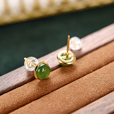 Buddha Stones 925 Sterling Silver Plated Gold Natural Hetian Cyan Jade Bead Luck Stud Earrings Earrings BS 3