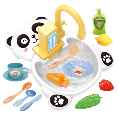 Fidtoy Panda Electric Kitchen Sink Circulating Water Pretend Play Set Plastic Role Play Sink Toy with 14 Accessories for Kids Ages 2-6